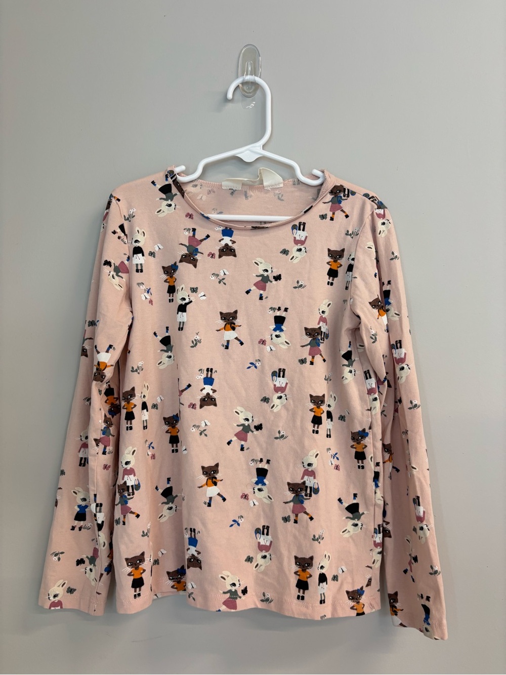 H&M Pink Long Sleeve Tee Multicolor Cat Rabbit Print 6-7